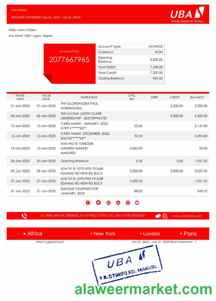 Nigeria UBA bank statement Word and PDF template, version 2